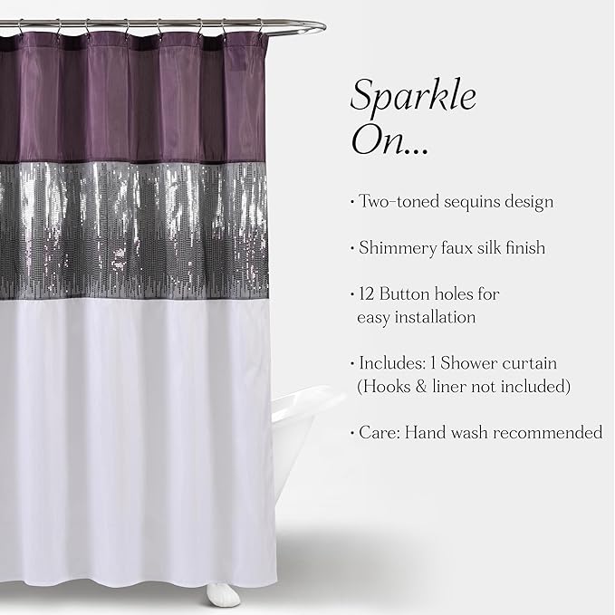 Lush Decor Night Sky Shower Curtain, Single, 72" W x 72" L, Purple & White - Sequin Shower Curtain - Sparkly Color Block Bath Curtain - Modern Glam Bathroom Decor