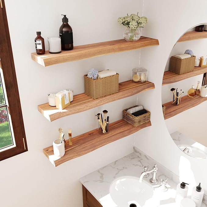 24" Acacia Live Edge Floating Shelves Set of 2 - Wall Mounted Wooden Shelf for Stylish Home Décor - Teak Look Color 24x7.5x1.5 Inches