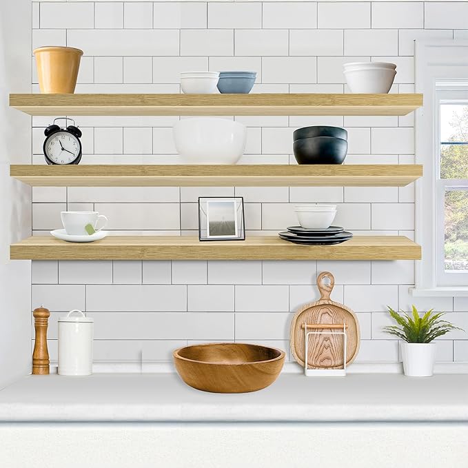 Sorbus Floating Shelves for Wall - 55 Inch Extra-Long Bathroom Shelves, Wall Decor for Bedroom, Kitchen, Living Room, Book Storage - Mounted Floating Shelf with Hidden Brackets (Maple Wood, 3 Pack)