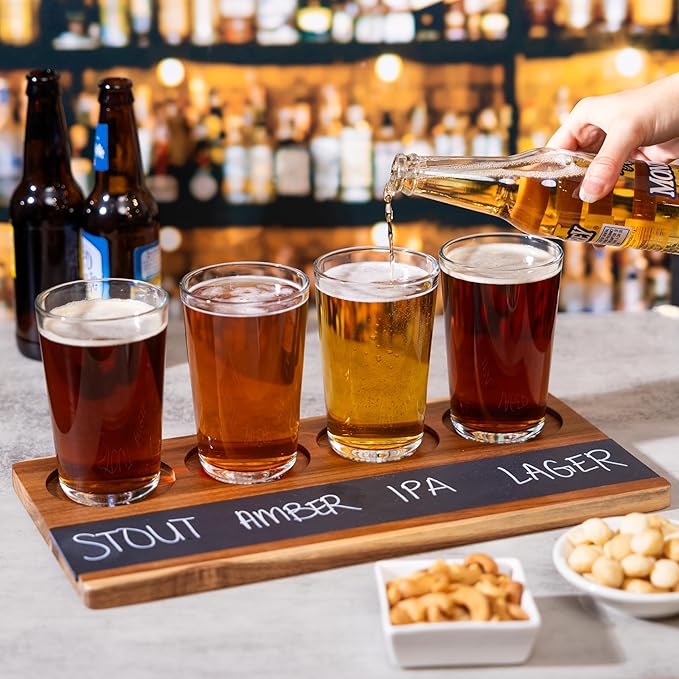 Wooden Flight Board Set – Wine, Beer, Whiskey, Mimosa, and Cocktail Tasting Tray – Acacia Wood Serving Board with Slate Chalkboard – Home Bar & Entertaining Gift (Set of 4, 16x8 inches)