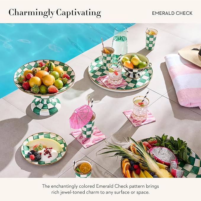 MACKENZIE-CHILDS Enamel Round Tray, Unique Serving Platter for Food and Drinks, Green-and-White Emerald Check