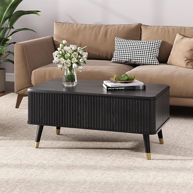 Lift Top Coffee Table, Mid Century Modern Coffee Table with Hidden Compartment, Fluted Lift Tabletop Center Table for Living Room, Home Office, Black