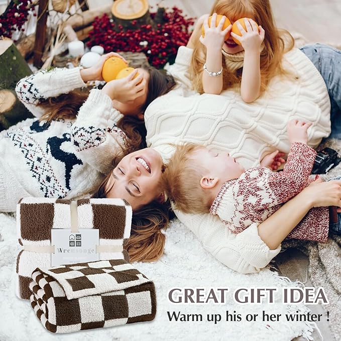 WRENSONGE Checkered Throw Blanket, Coffee Soft Cozy Fluffy Warm Hand Made Throw Blankets for Couch, Sofa, Chair, Bed, Camping, Picnic, Travel Lightweight Bed Blanket - 60"*80"