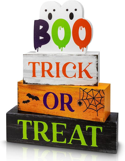 4 Pcs Halloween Wooden Tiered Tray Decor, Trick or Treat Decorations Gifts for Home, Halloween Table Centerpiece for Fall Party Kitchen