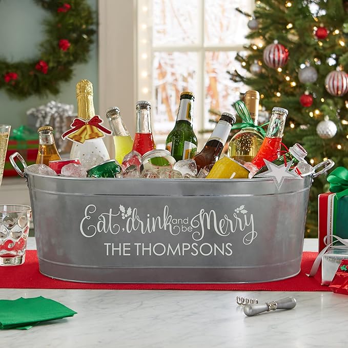 Let's Make Memories Personalized Beverage Tub - Christmas Party - Eat, Drink & Be Merry - Metal - Engraved - 5.5 Gallons