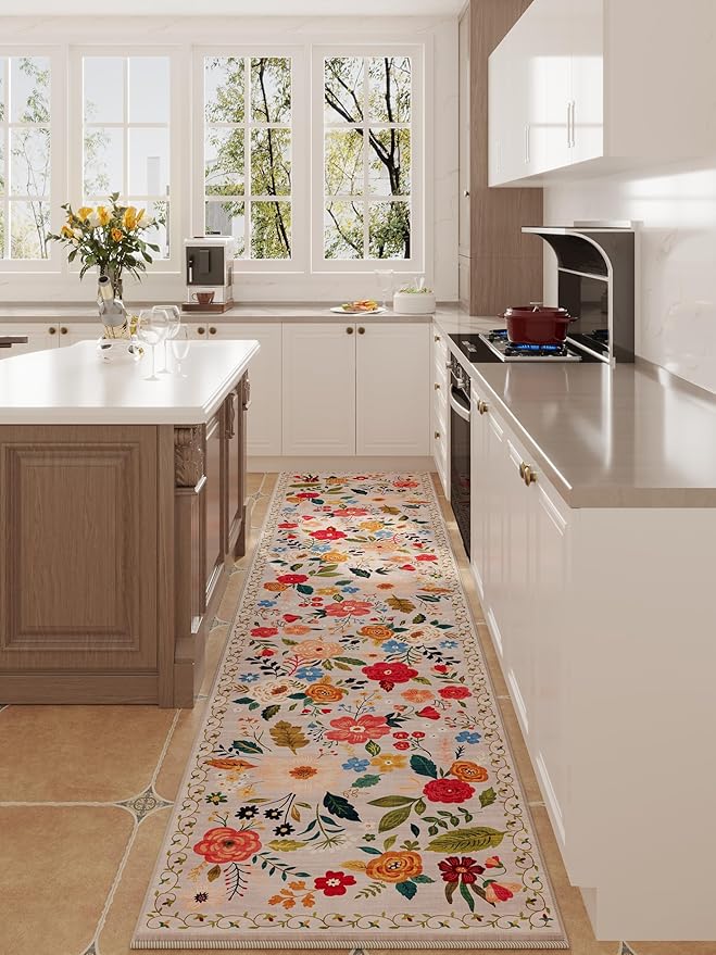 Rugcomf Runners for Hallways Kitchen Runner Rug Non Slip 2'x 10' Long Washable Rugs with Rubber Backing Soft Floral Carpet Runner for Hallways, Kitchen, Laundry, Bedroom, Bathroom(Beige)