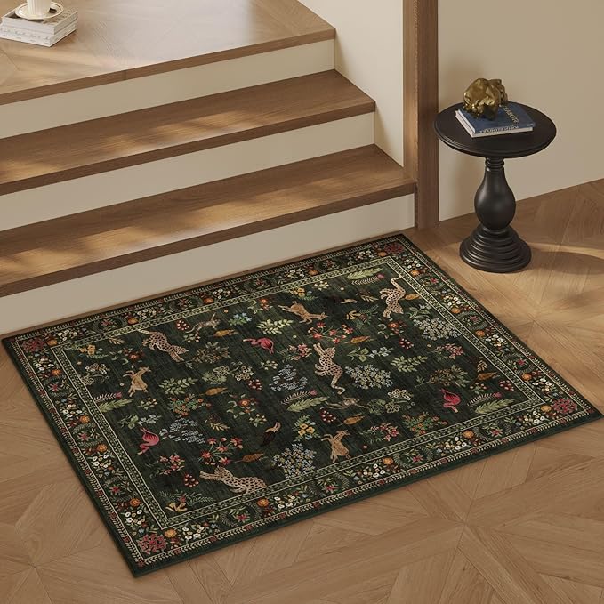 Rugcomf Door Mat Indoor Entrance 2x3 Rug Machine Washable Boho Floral Animal Small Area Rug Non-Slip Low Pile Throw Rugs for Entryway, Kitchen, Front Door Indoor Entrance, Entry, Kids Room (Green)
