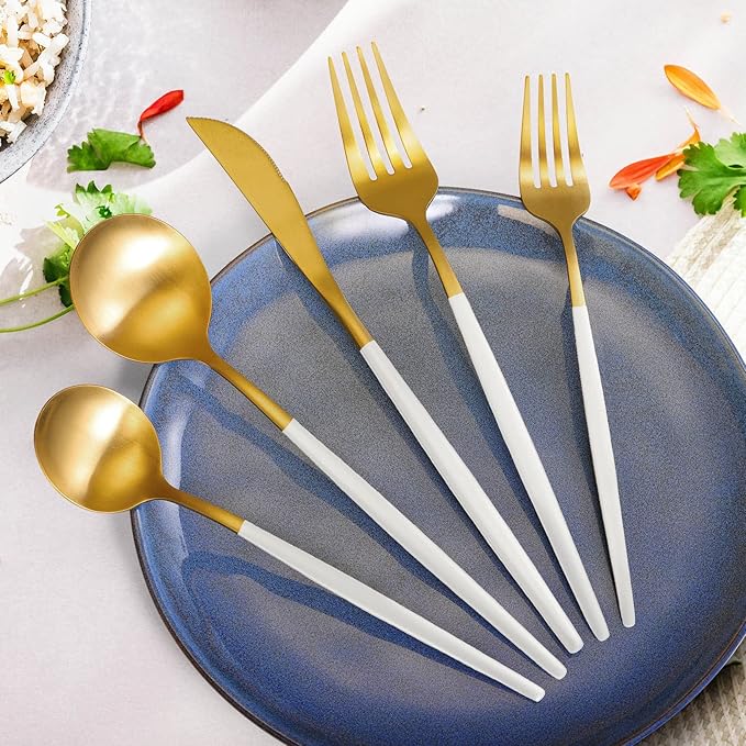 Gold Silverware Set for 8, MIKIWAY Matte Gold With White Handle Flatware Set, 40 Pieces Stainless Steel Cutlery Tableware Set, Kitchen Utensils Set Include Spoons And Forks Set, Dishwasher Safe