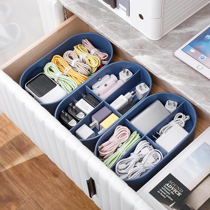 Yesesion Large Cable Organizer Box with Lid, Plastic Cord Management Case with 20pcs Wire Ties, Desk Drawer Tray for Home Office Supplies, Electronics, Chargers, Sticky Notes, Pens, Makeup (Blue)