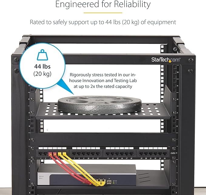 StarTech.com 2U Vented Server Rack Shelf, 16in/41.5cm Mounting Depth, for 19" Rack/Cabinet, SPCC Steel, Max 44lb/20kg