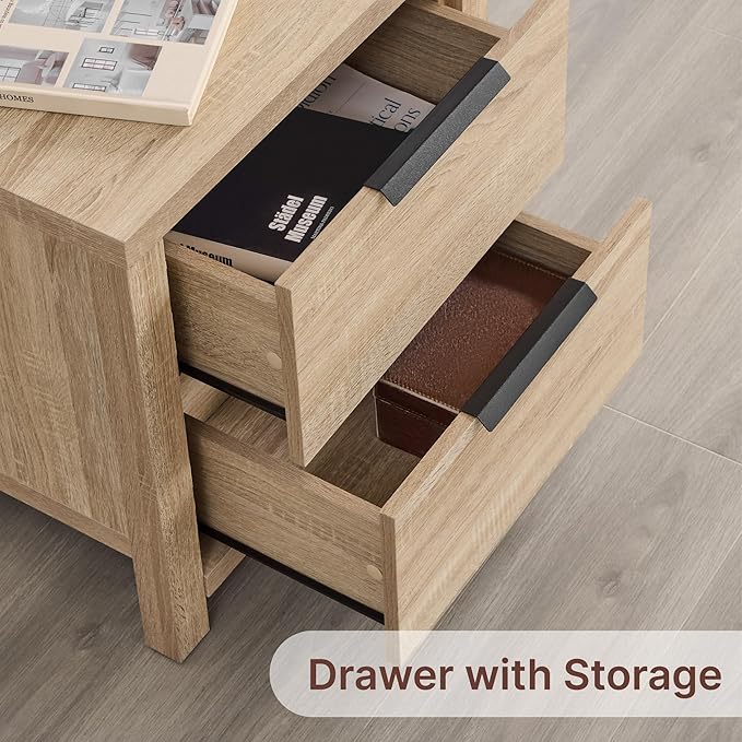 21" Farmhouse Nightstand with Charging Station 2 Drawers Large End Table with Metal Handle Rustic Low Night Stand Wood Dresser for Living Room Bedroom Closet,Natural Oak