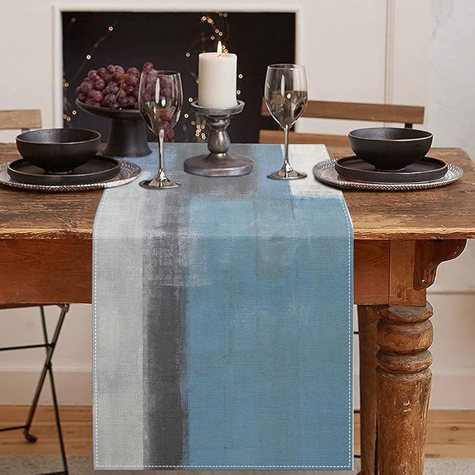 Emvency Farmhouse Table Runner, Vintage Grey Blue Abstract Art Painting for Kitchen Coffee Table Family Dinners Holiday Parties Wedding Events Decor(13x72 inch)
