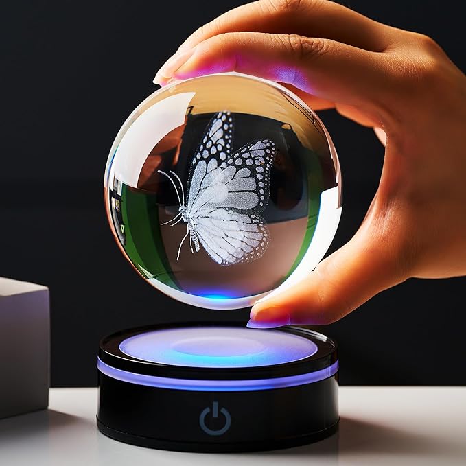 3D Crystal Ball Butterfly Statue, Colorful LED Base, Birthday Gifts for Men and Women, Gratitude Gifts, Family, Teachers, Friends, Girlfriends, Butterfly Decoration Glass Ball