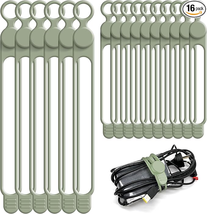 Nearockle Silicone Cable Ties Cord Organizer for Cable Management, 16PCS 4.2" and 7.1" Reusable Cable Organizer Electronic Accessories for Home, Office, Kitchen, School, Travel (Green)