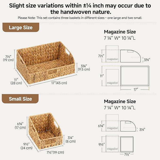 StorageWorks Water Hyacinth Pantry Storage Baskets, Wicker Baskets with Built-in Handles, Handwoven Shelf Baskets for Organizing, Pantry Organizers and Storage, 3 Pack