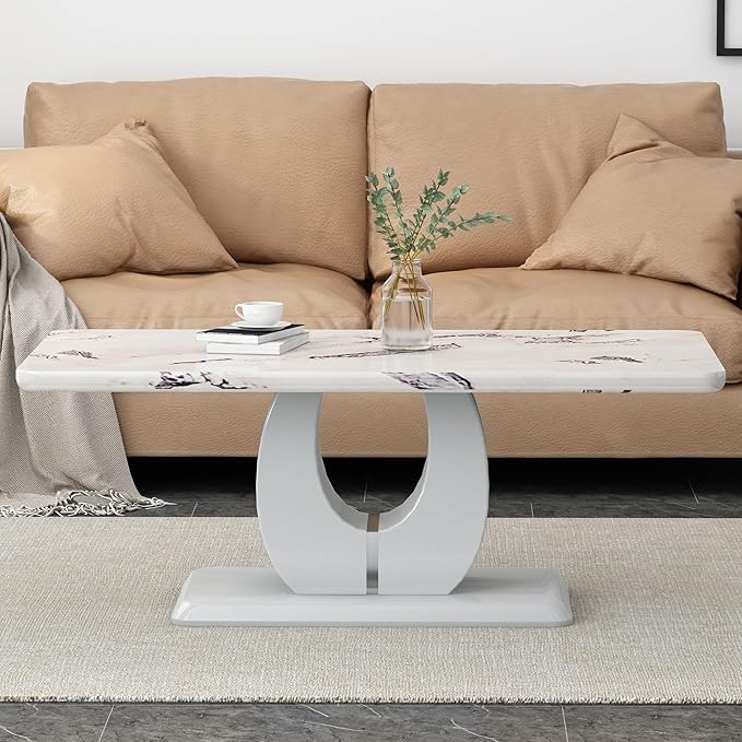 LKTART Rectangle Coffee Table for Living Room, Imitation Marble Coffee Tables with Storage, Modern Stable Base Accent Center Tea Table for Small Space Apartment (43.3''L×22.4''W-White,Grey)