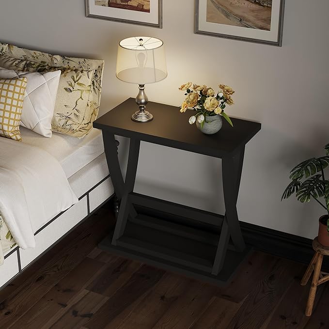 ChooChoo Black End Tables Living Room Set of 2, Narrow Side Table with Storage Shelf, Modern X-Design Slim End Table for Living Room, 11.8" D*23.6" W*23.4" D