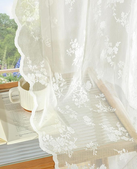 Sheer Lace Curtains 84 Inches Long, Vintage Floral Light Filtering Ivory Lace Curtains for Living Room & Bedroom, Rod Pocket, 2 Panels Set, Tiny Flower Pattern (Ivory, 52" W x 84" L)