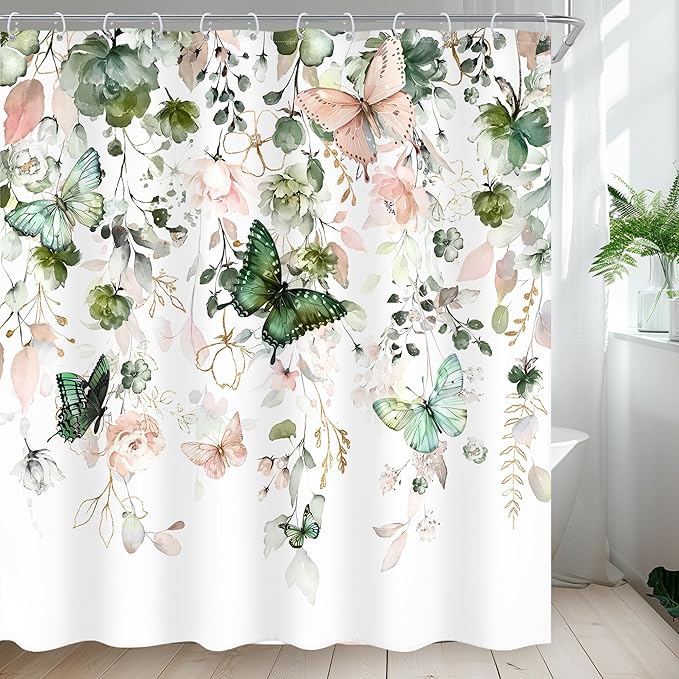 Green Pink Floral Butterfly Shower Curtain 72Wx72L Inch Spring Summer Plant Natural Gold Green Leaves Botanic Bathroom Set Woman Girl Elegant Country Bath Curtain Bathtub Accessories Home Decor