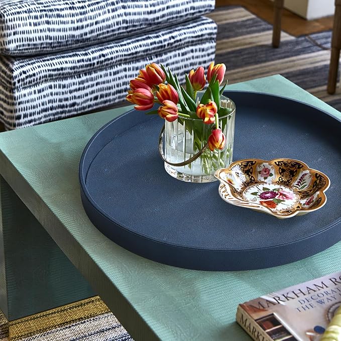 HofferRuffer Large Round Serving Tray 24'', Elegant Faux Leather Circle Ottoman Table Tray, Serve Tea Coffee Breakfast in Bedroom Living Room Kitchen (Blue)