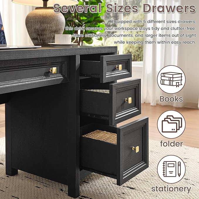 Farmhouse Black Office Desk with Drawers, 58” Executive Desk for Work Study, Home Writing Desk with Gold Knobs, 5 Different Sizes Drawers and Storage, Workstation for Study Room Living Room