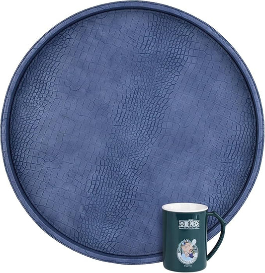 HofferRuffer Round Serving Tray 20'', Elegant Faux Leather Circle Ottoman Table Tray, Serve Tea Coffee Breakfast in Bedroom Living Room Kitchen (Blue, 20")