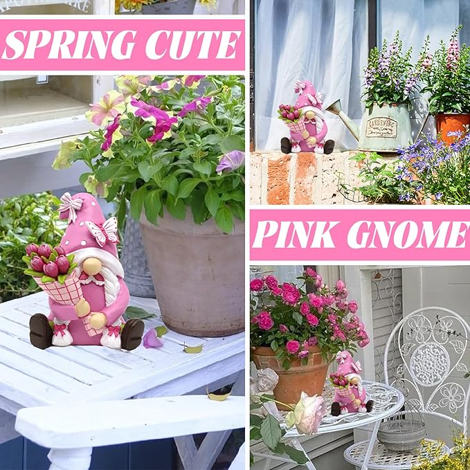 Spring Pink Gnome Figurine Decor- 5.7'' Waterproof Resin Summer Fairy Garden Statue Fall Decorations for Home - Summer & Retirement Gift for Women