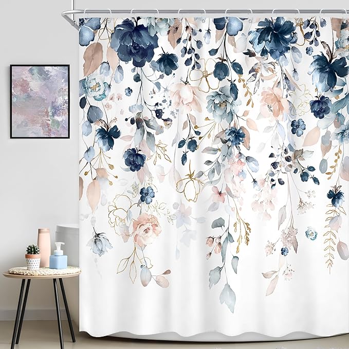 Blue Pink Floral Shower Curtain Extra Long 72Wx84L Inch Rustic Floral Boho Wildflower Watercolor Gold Eucalyptus Leaf Bathroom Set Plant Botanical Bath Curtain Bathtub Accessories Home Decor