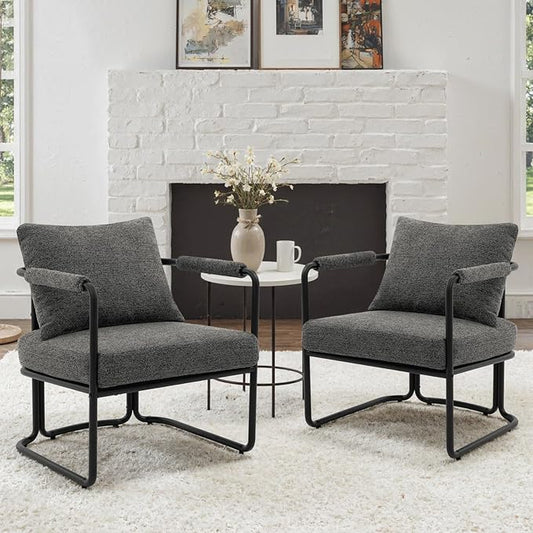 Mid-Century Modern Accent Chairs Set of 2, Comfy Upholstered Lounge Arm Chairs with Chenille Fabric for Living Room, Bedroom, Apartment, Reading Corner, Office, Dark Grey