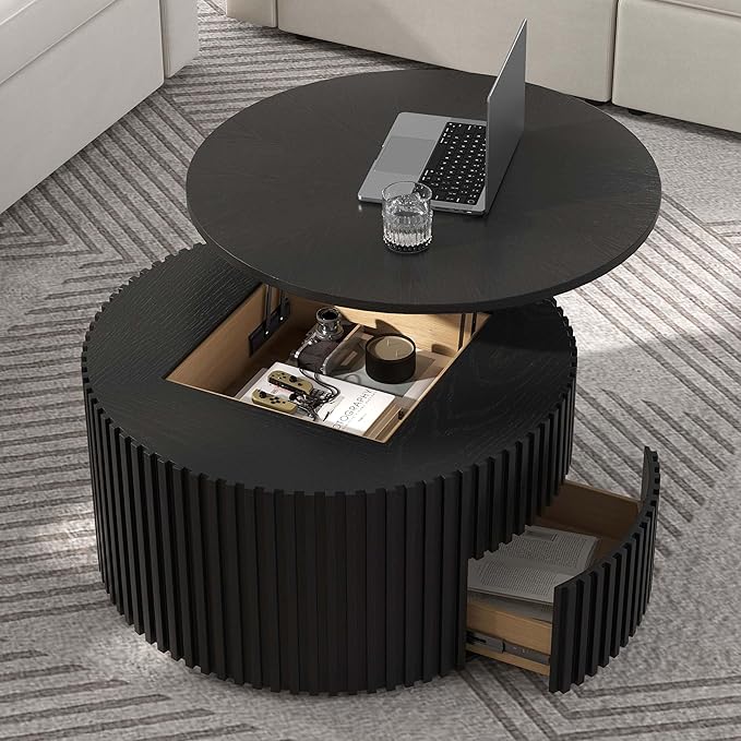 POVISON Round Coffee Table with Storage, Lift Top Coffee Table for Living Room, 39.37" Fluted Mid Century Modern Center Table for Home, Office, Black, Fully Assembled