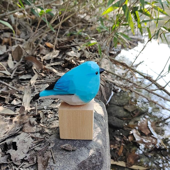 Handmade Wooden Carved Bird Decor Sculpted Hand-Painted Bird Figurines Small Home Decor Bird Statue Shelf Decor BFF Gifts for Bird Lovers(Blue Robin)
