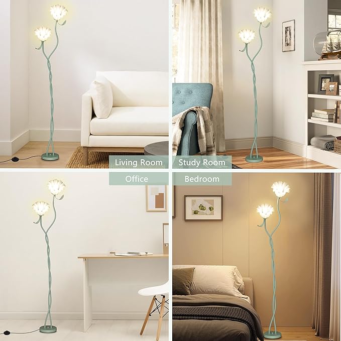 Flower Floor Lamp for Living Room, Cute Floral Lamp with Flexible Gooseneck, Tall Standing Lamp with 3 Color Modes, Modern Corner LED Bulb Lamp for Kids Girls Bedrooms (Green)