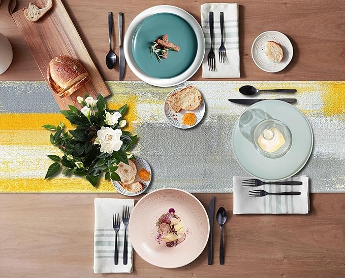 Emvency Yellow Abstract Table Runner, Modern Grey White Art Painting for Kitchen Coffee Table Family Dinners Holiday Parties Wedding Events Decor(13x72 inch)