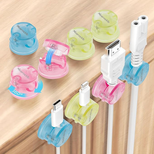 9 Pack Magnetic Cord Organizer [Locking Cable Rotatable] Cable Clips, Nearockle Strong Magnetic Cord Holder, Adhesive Cord Keeper Cable Management for Desk,Car,Nightstand,Office(Macaron Color)