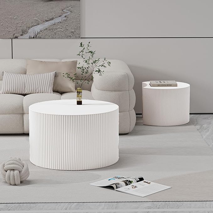 WXFKLDJ Round Nesting Coffee Table Set Cylindrical Wooden Coffee Table Sofa Center Table Circle Embossed Design Side Table for Living Room Apartment No Assembly (C-Shaped Small)