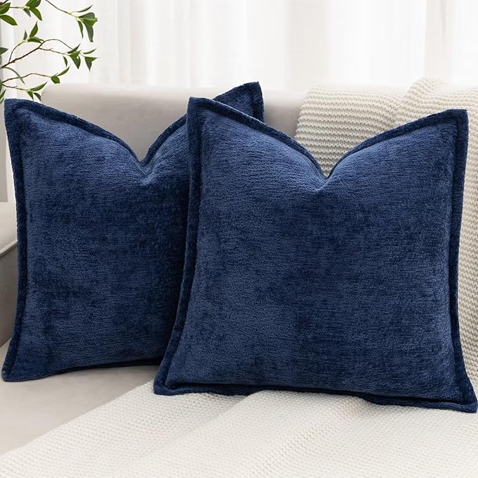 Navy Blue Decorative Throw Pillow Covers 26x26 Inch Set of 2 Cozy Soild Chenille Cushion Cases Soft Textured Square Couch Pillows Cover Boho Accent Farmhouse Pillowcases for Sofa Bed