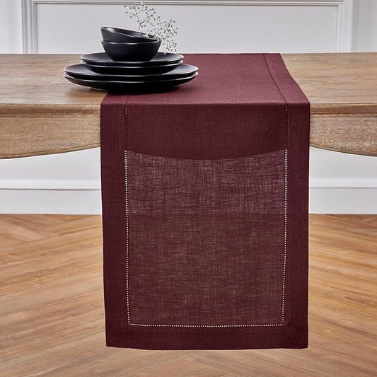 Solino Home Linen Burgundy Table Runner 144 Inches Long - 100% Pure Linen Extra Long Table Runner 14 x 144 Inch for Fall, Autumn, Thanksgiving, Christmas, Holiday - Classic Hemstitch