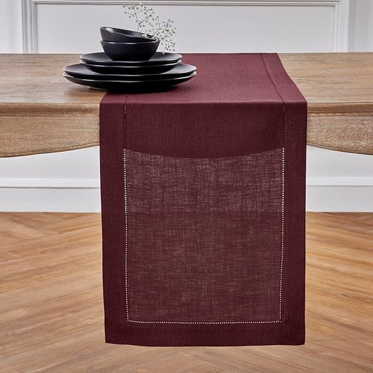 Solino Home Linen Table Runner 60 Inches - 100% Pure Linen Burgundy Hemstitch Table Runner 14 x 60 Inch Ideal for Dresser and Coffee Tables - Fall, Thanksgiving, Christmas, Holiday - Classic Hemstitch