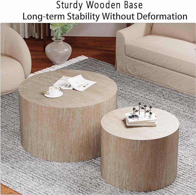 Modern Round Wooden Nesting Coffee Table Set of 2 Circle Tables with Non-Slip Feet, Accent Side End Table, Saving Space Design and No Need Assembly (B Large)