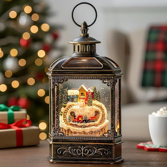 Christmas Village Snow Globe Lantern Musical Lighted Mountain Village Snowman & Train Water Lantern in Swirling Glitter, Christmas Home Decoration and Gift, Battery Operated or USB Powered