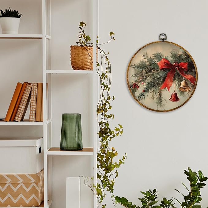 XPH Rustic Christmas Round Wall Art Framed, Winter Coquette Red Bow Bell Botanical Circle Wall Decor, Farmhouse Christmas Hanging Canvas Prints for Home Bedroom Living Room Decoration, 10x10 Inch