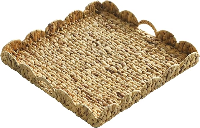 Extra Large Square Ottoman Table Tray 19.7" with Handles - Water Hyacinth Wicker Serving Wicker Tray for Farmhouse Decorative Oversized Coffee Table Living Room Kitchen Counter Breakfast Scalloped