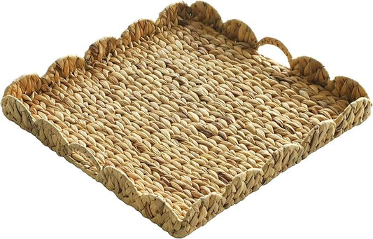 Extra Large Square Ottoman Table Tray 19.7" with Handles - Water Hyacinth Wicker Serving Wicker Tray for Farmhouse Decorative Oversized Coffee Table Living Room Kitchen Counter Breakfast Scalloped