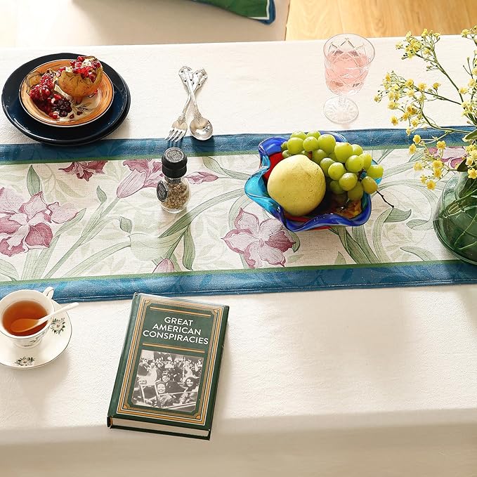 patdrea Designer Elegant Bright Linen Table Runner 71 Inch Long, Mauve Iris Floral Pattern Table Mat, Decoration for Kitchen Dining Table Coffee Table Shelf Cabinet Banquet Christmas ,12"*71"