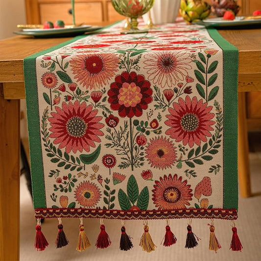 13×72 Inch Table Runner, Retro-Luxury Tassels Series for Kitchen Dining Table Holiday Decoration (Spring Blossom)
