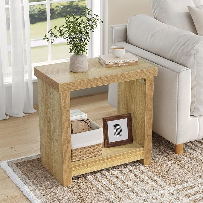 End Tables Set of 2 for Living Room, Narrow Side Tables with Storage Shelves, Square End Table for Bedroom, Slim Nightstand, Skinny Rectangle Accent Table, Farmhouse Bedside Table, Natural (2 Pieces)