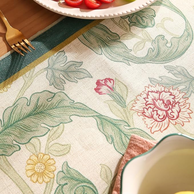 patdrea Designer Green Floral Table Runner,French Elegant Vibrant Rustic Linen with Green Leaves Patterns Fabric Table Mat,Decoration for Kitchen Dining Room Banquet Christmas,12"*102"