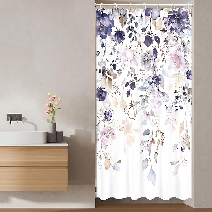 Floral Flower Shower Curtain 36Wx72L Inch Small Stall Purple Pink Leaf Rustic Girly Boho Wildflower Eucalyptus Botany Plant Bathroom Set Spring Bath Curtain Bathtub Accessories Home Decor