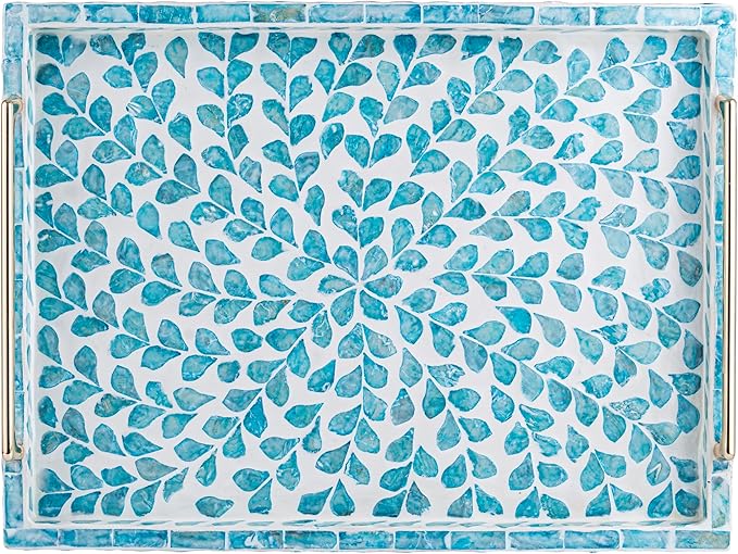 PEMAR Capiz Shell Decorative Tray with Gold Handles – 15.7"x11.8" Rectangular Display & Serving Tray for Vanity, Dresser, Bathroom (Teal Floral)
