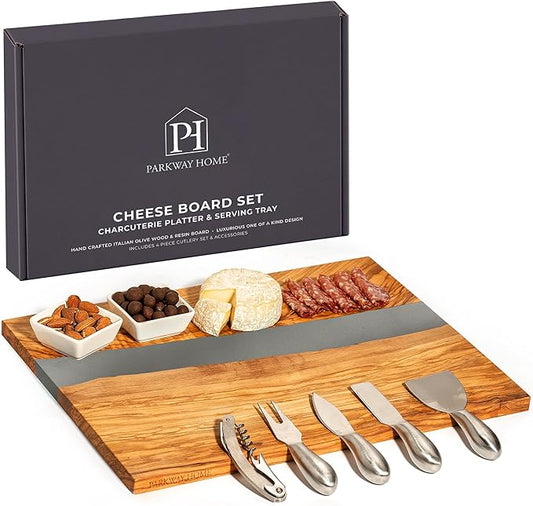 Handcrafted Italian Olive Wood Cheese & Charcuterie Board Set with Unique Gray Resin Artwork - Cutting Board Comes with 4 Cheese Knives, 2 Dipping Bowls & Corkscrew Wine Opener (Gray)